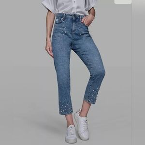 KARL LAGERFELD PARIS Embellished Mid Rise Ankle Jeans Light Blue Star Wash Sz 8